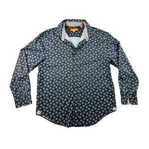 Tallia Sport Button‎ Down Shirt Men L Blue Geometric Pattern Performance Stretch